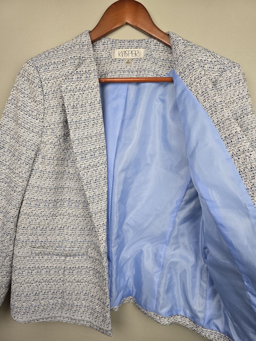 Kasper Tweed 3/4 Sleeve Open Front Blazer Blue Womens Sz 8 Office Career Preppy - Picture 3 of 11